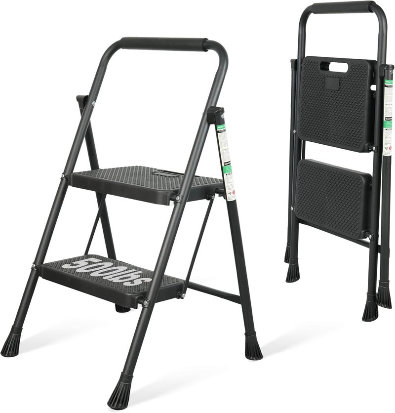 Arbusb 2 Step Ladder, Portable Steel Folding Step Stool with Wide Anti-Slip Pedal & Convenient Handgrip, 500lbs Sturdy Steel Ladder, Black - Image 1